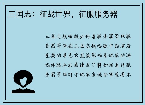 三国志：征战世界，征服服务器