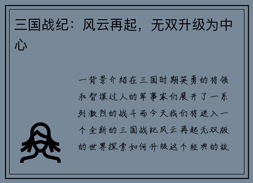 三国战纪：风云再起，无双升级为中心